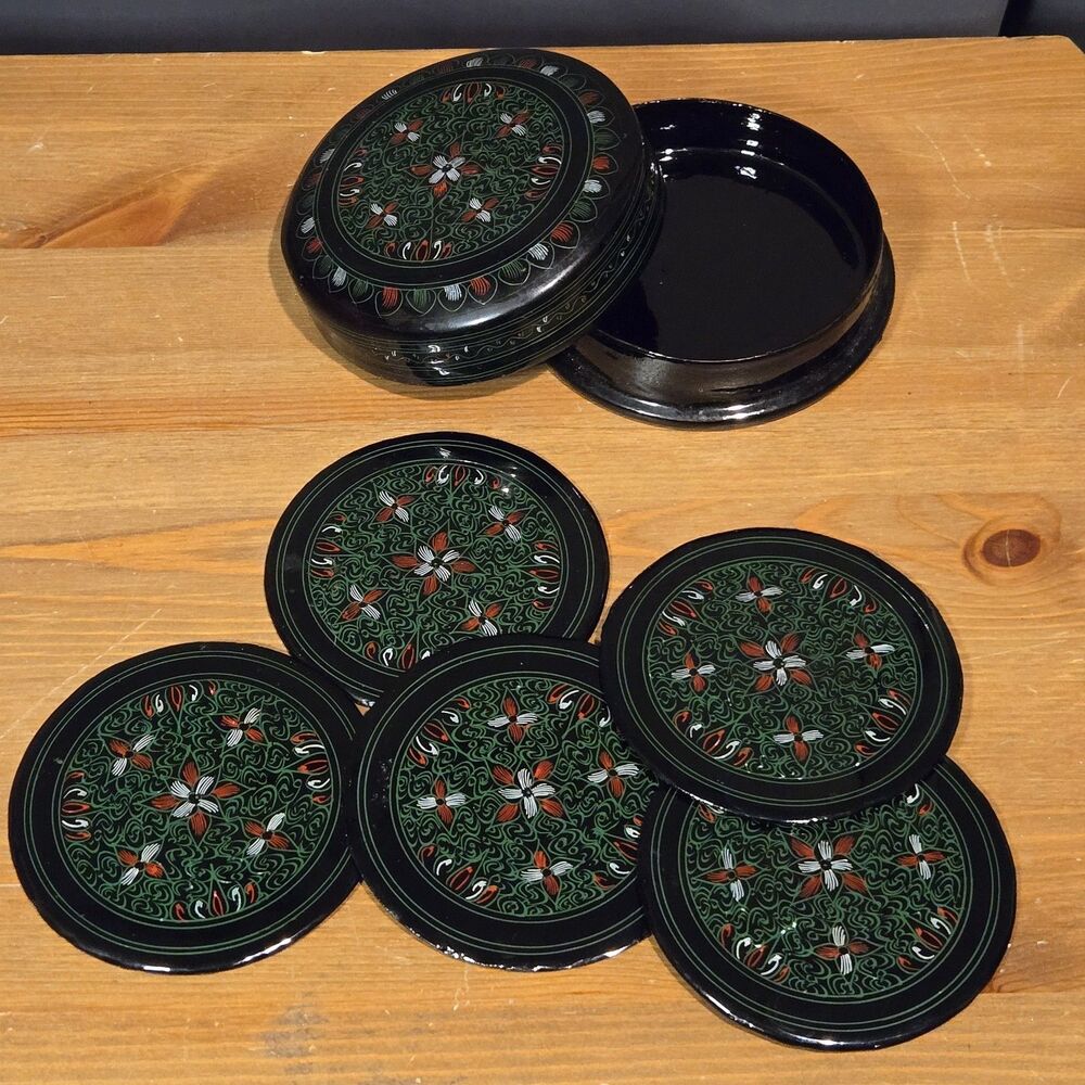 Set Of 5 Black Green Wood Coasters w/Holder Vintage Burmese Lacquer Hand Painted